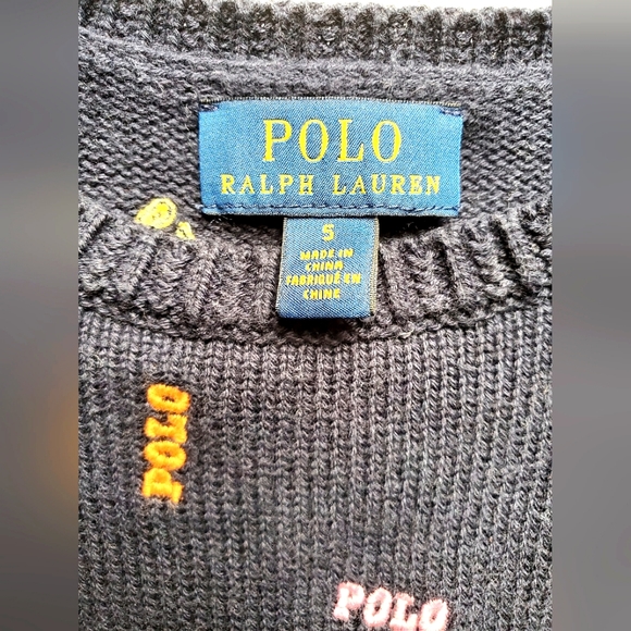 Navy POLO Ralph Lauren Multicolor Polo logo Toddler Girl Cable Knit Sweater. - Picture 3 of 3